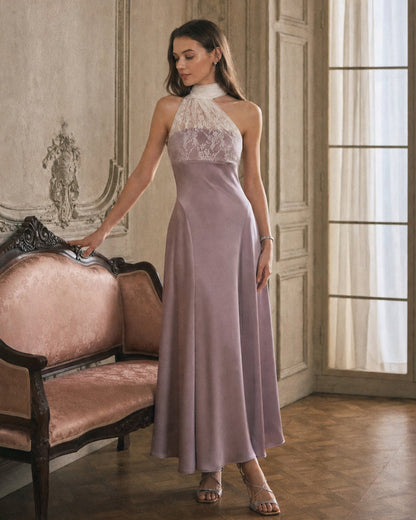 Pembe One Shoulder Dantel Geçişli Maxi Elbise