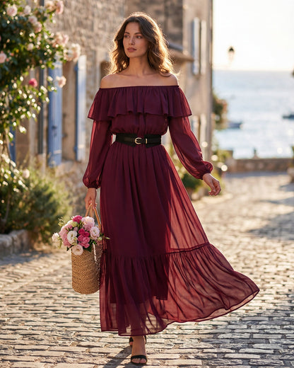 Bordo Kayık Yaka Fırfır Detaylı Maxi Elbise