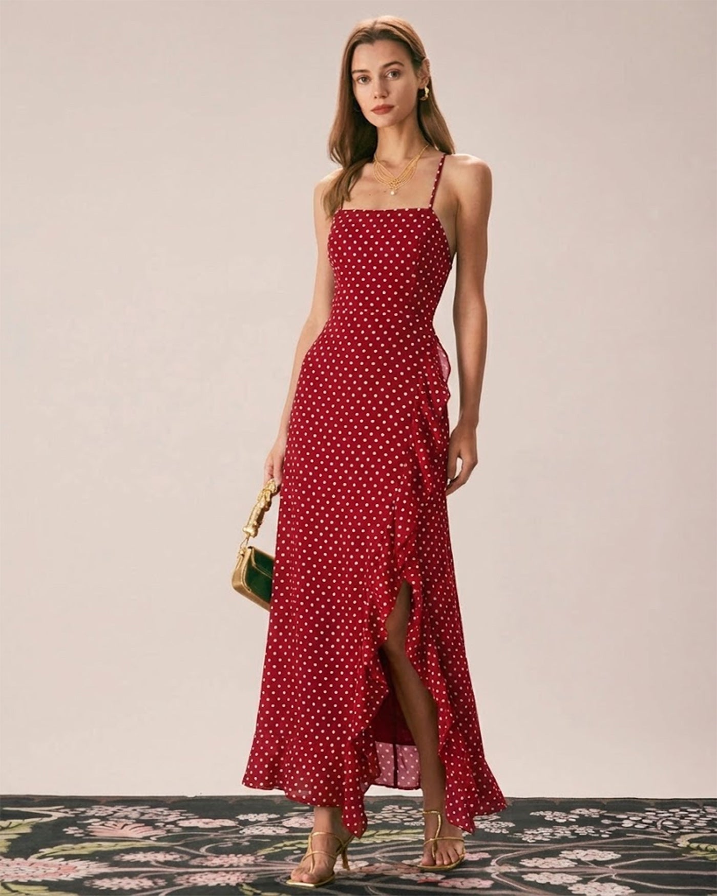 Kırmızı Puantiyeli Slip Maxi Elbise