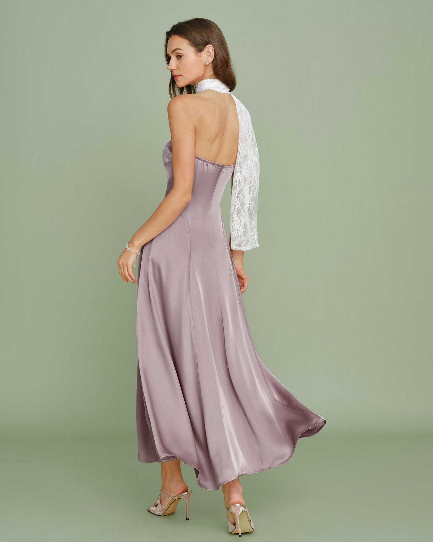 Pembe One Shoulder Dantel Geçişli Maxi Elbise