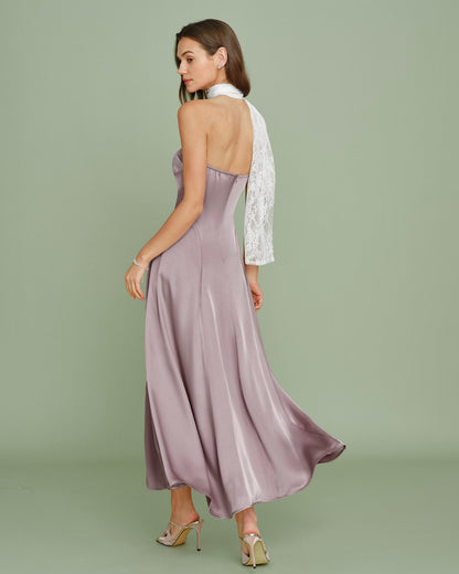 Pembe One Shoulder Dantel Geçişli Maxi Elbise