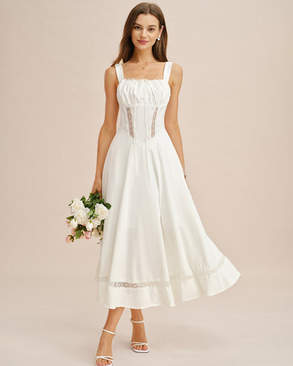 Beyaz Dantel Geçişli Slip Maxi Elbise