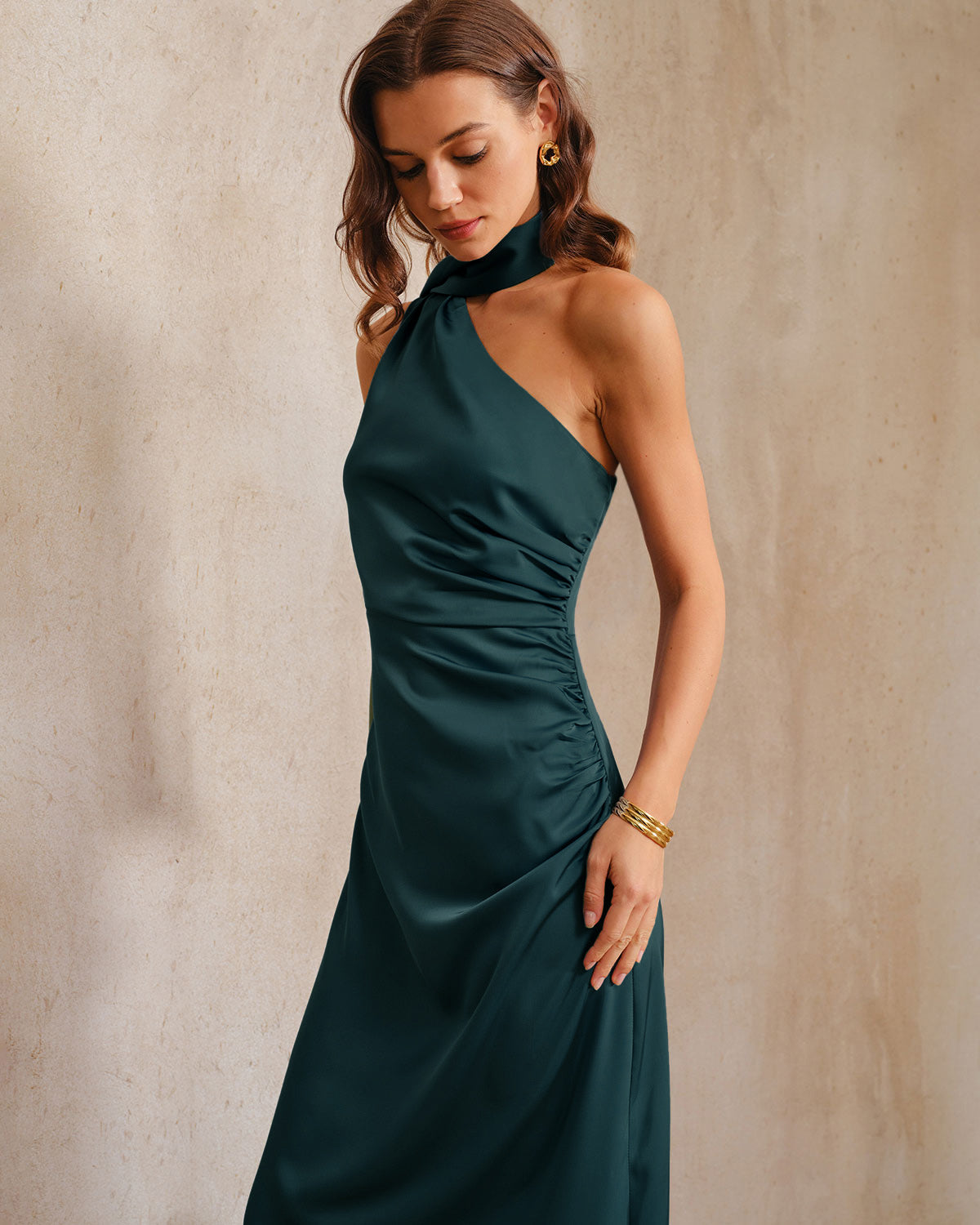 Koyu Yeşil One Shoulder Maxi Elbise