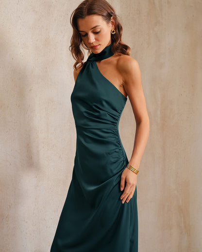 Koyu Yeşil One Shoulder Maxi Elbise