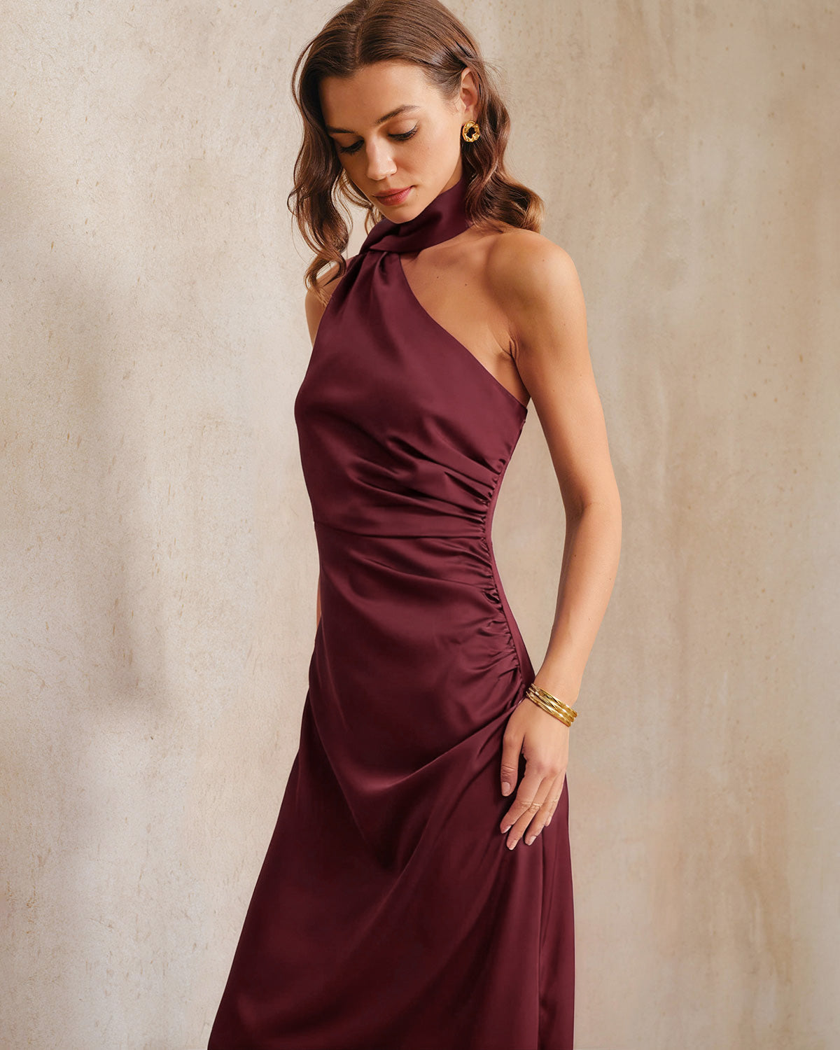 Bordo Saten One Shoulder Maxi Elbise