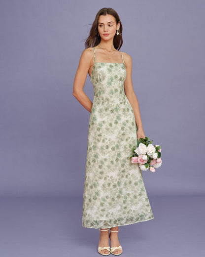 Açık Yeşil Çapraz Çiçek Desenli Slip Maxi Elbise