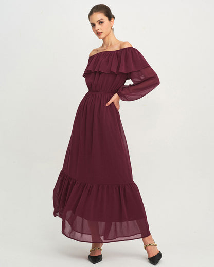 Bordo Kayık Yaka Fırfır Detaylı Maxi Elbise