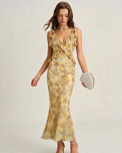 Sarı Fırfır Detaylı Slip Maxi Elbise