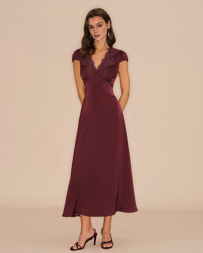 Bordo V Yaka Dantelli Maxi Elbise