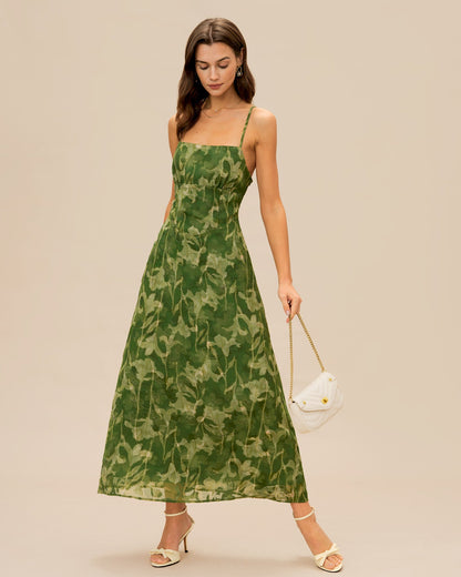 Yeşil Çiçek Desenli Çapraz Slip Maxi Elbise
