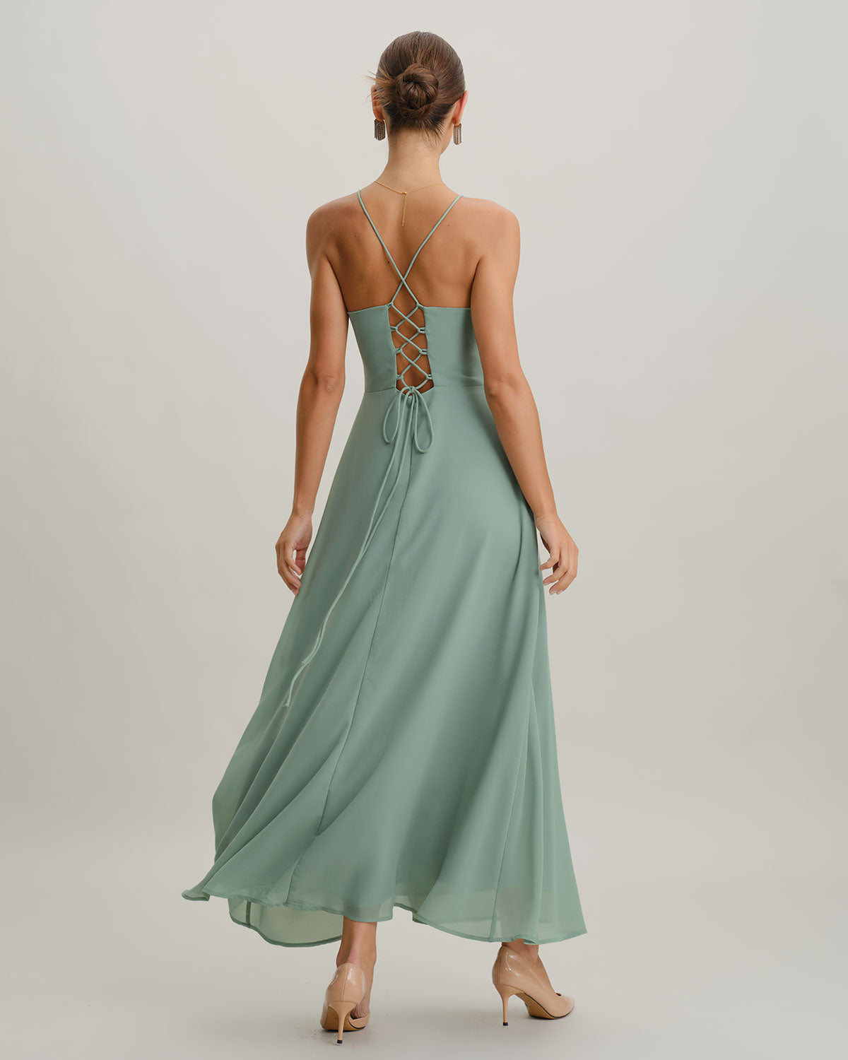 Yeşil A Kesim Sırtı Açık Slip Maxi Elbise