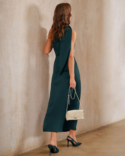 Koyu Yeşil One Shoulder Maxi Elbise