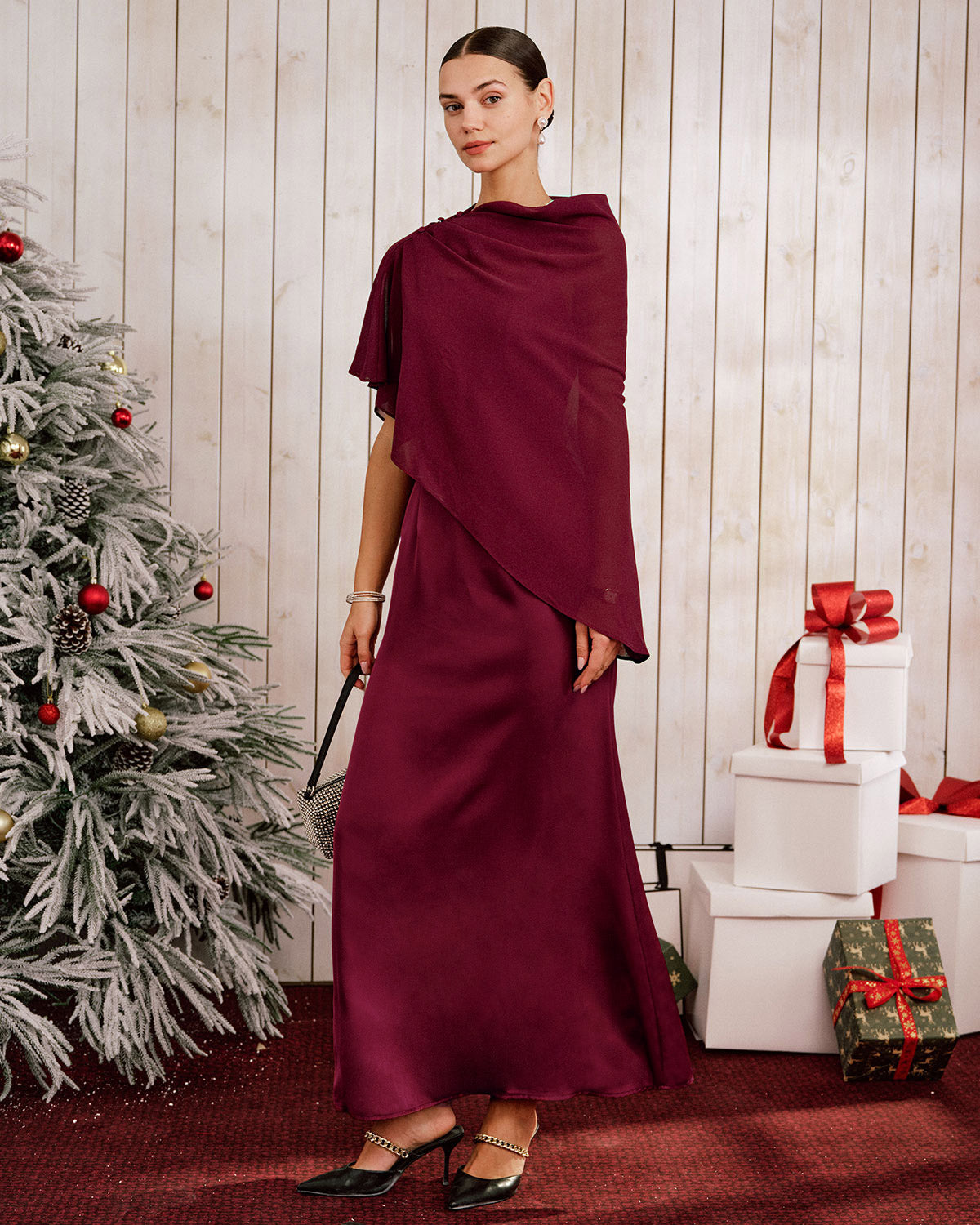 Bordo Shawl Maxi Elbise