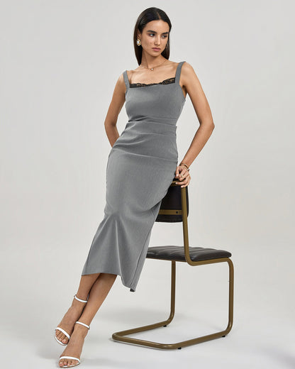 Gri Pileli Slip Maxi Elbise