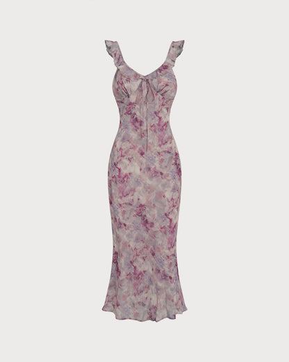 Mor Fırfır Detaylı A Kesim Slip Maxi Elbise