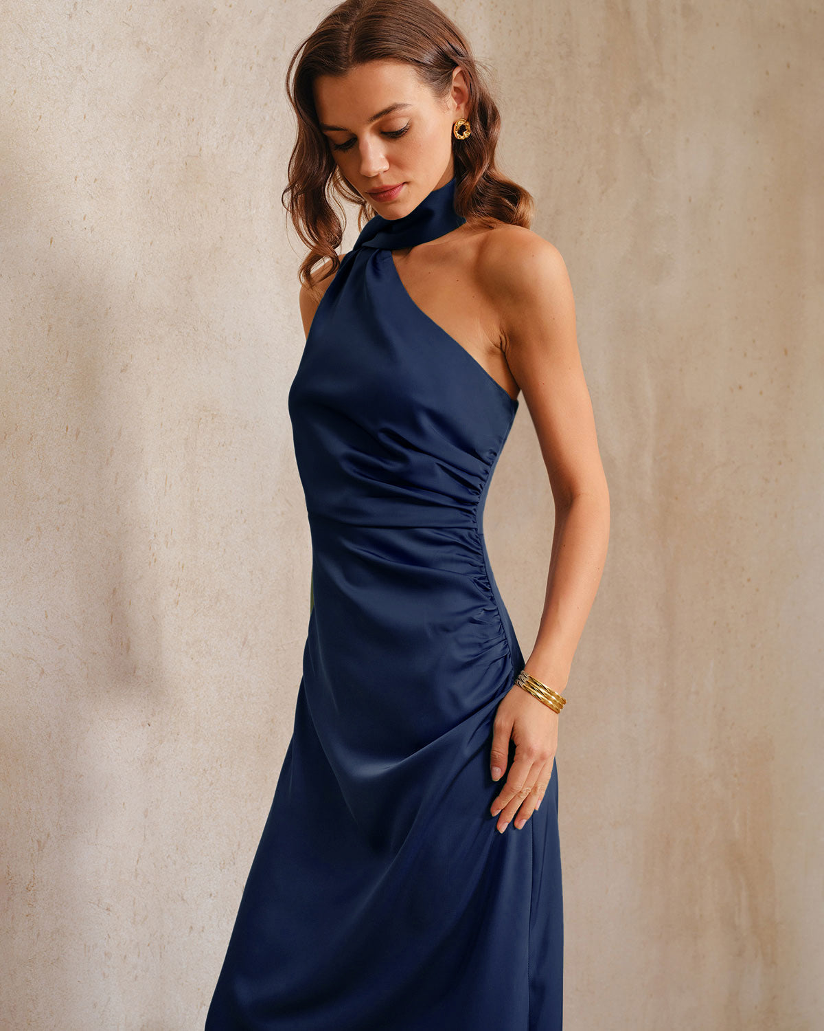 Lacivert One Shoulder A Kesim Maxi Elbise