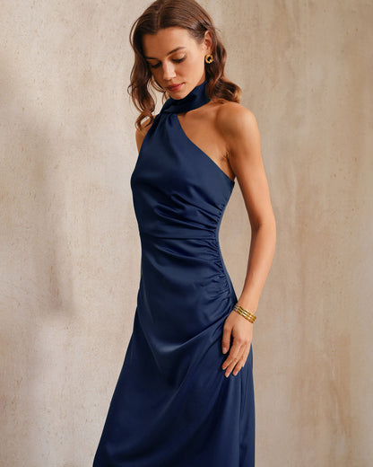 Lacivert One Shoulder A Kesim Maxi Elbise