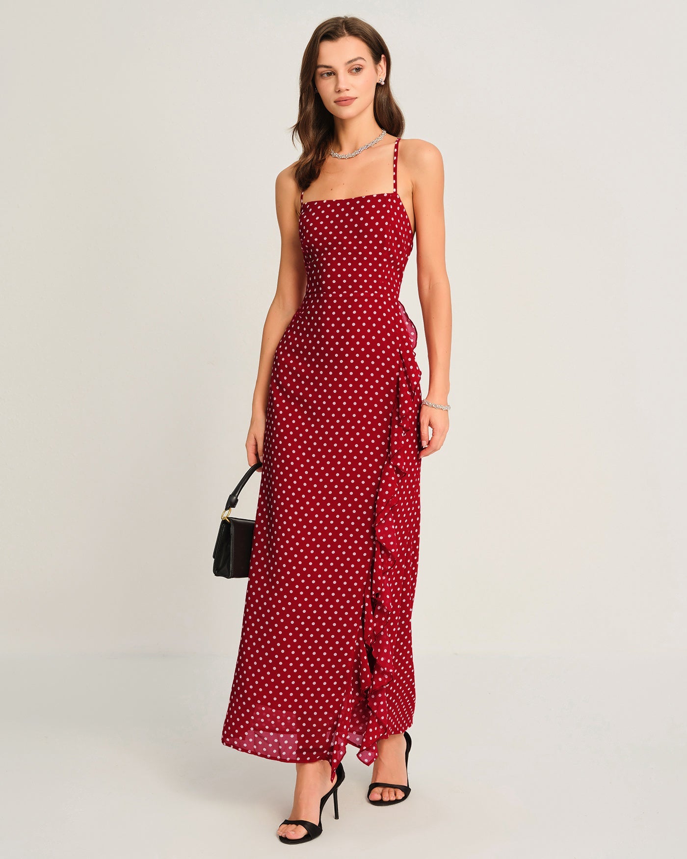 Kırmızı Puantiyeli Slip Maxi Elbise