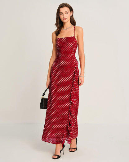 Kırmızı Puantiyeli Slip Maxi Elbise