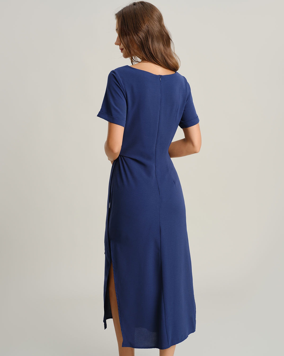 Mavi Yuvarlak Yaka Kısa Sleeve Maxi Elbise
