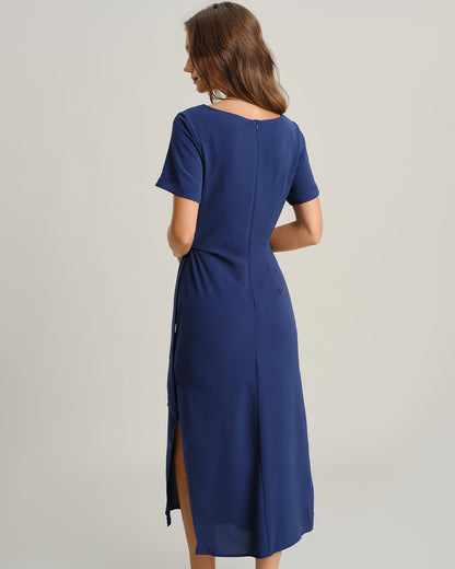 Mavi Yuvarlak Yaka Kısa Sleeve Maxi Elbise