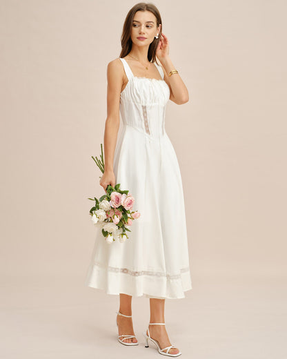 Beyaz Dantel Geçişli Slip Maxi Elbise