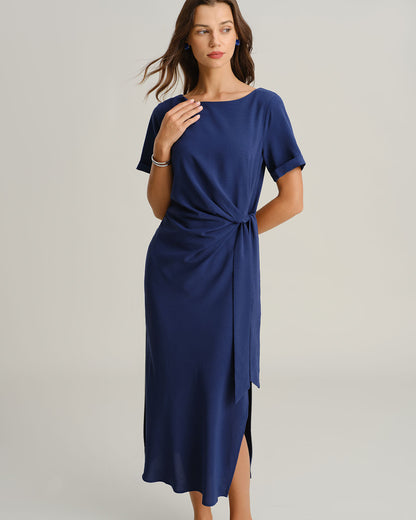 Mavi Yuvarlak Yaka Kısa Sleeve Maxi Elbise