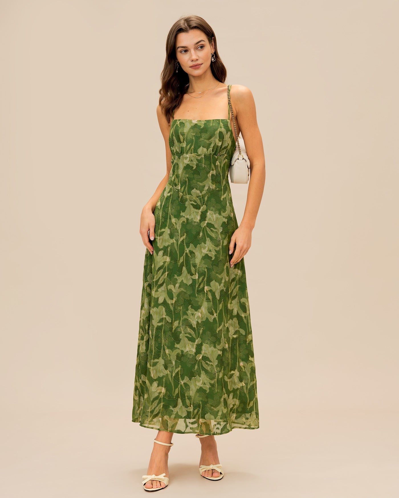Yeşil Çiçek Desenli Çapraz Slip Maxi Elbise