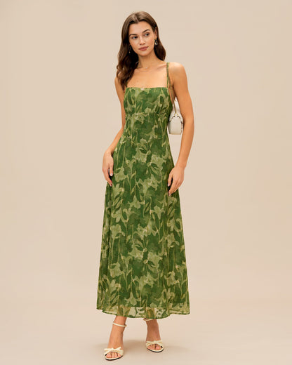 Yeşil Çiçek Desenli Çapraz Slip Maxi Elbise