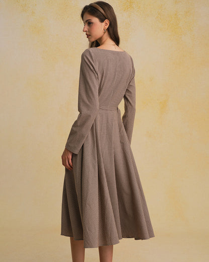 Kahverengi Gingham Kare Yaka Belted Maxi Elbise