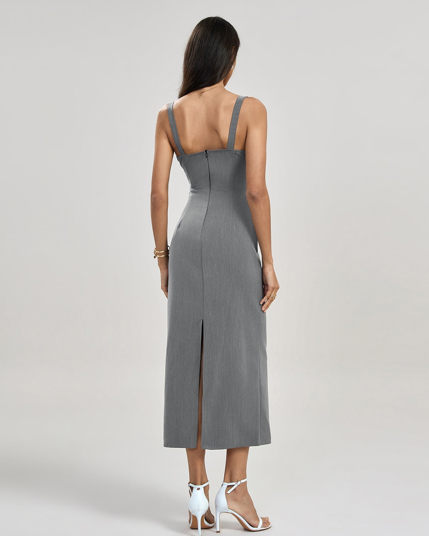 Gri Pileli Slip Maxi Elbise