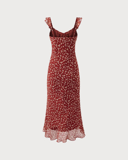 Kırmızı Çiçek Desenli Slip Maxi Elbise