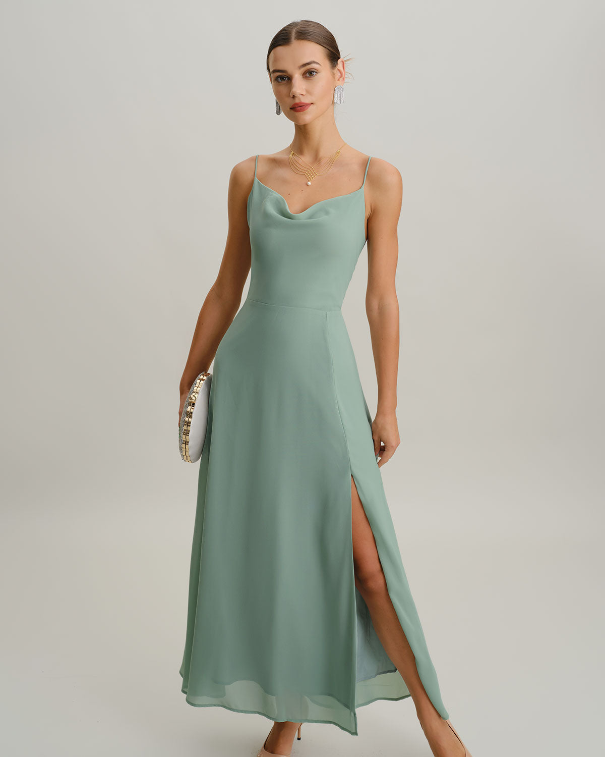 Yeşil A Kesim Sırtı Açık Slip Maxi Elbise