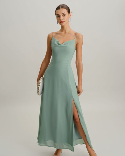 Yeşil A Kesim Sırtı Açık Slip Maxi Elbise