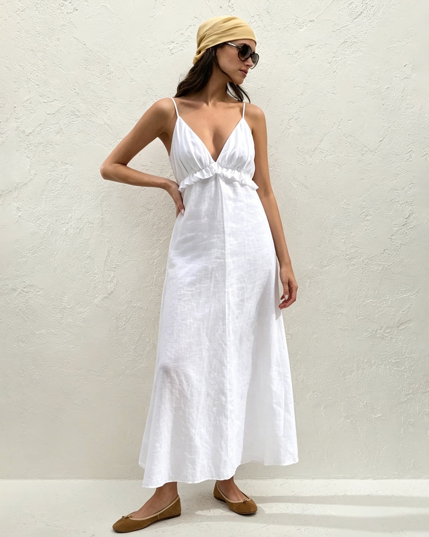 Beyaz Düz Renk Büzgülü Slip Maxi Elbise