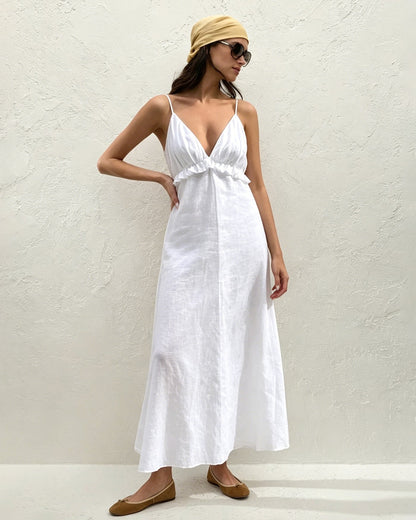 Beyaz Düz Renk Büzgülü Slip Maxi Elbise
