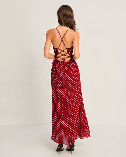 Kırmızı Puantiyeli Slip Maxi Elbise