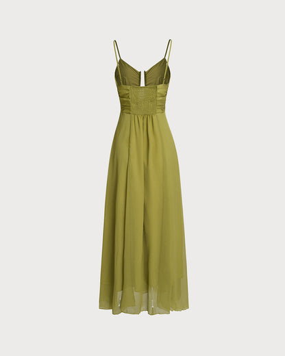 Yeşil Büzgülü Slip Maxi Elbise