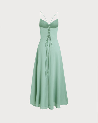 Yeşil A Kesim Sırtı Açık Slip Maxi Elbise
