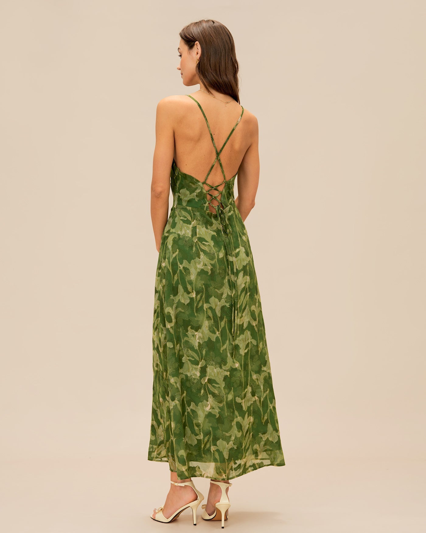Yeşil Çiçek Desenli Çapraz Slip Maxi Elbise