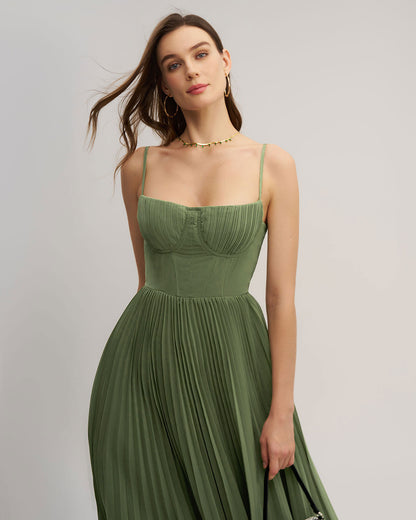 Yeşil Kalp Yaka Flowy Slip Maxi Elbise