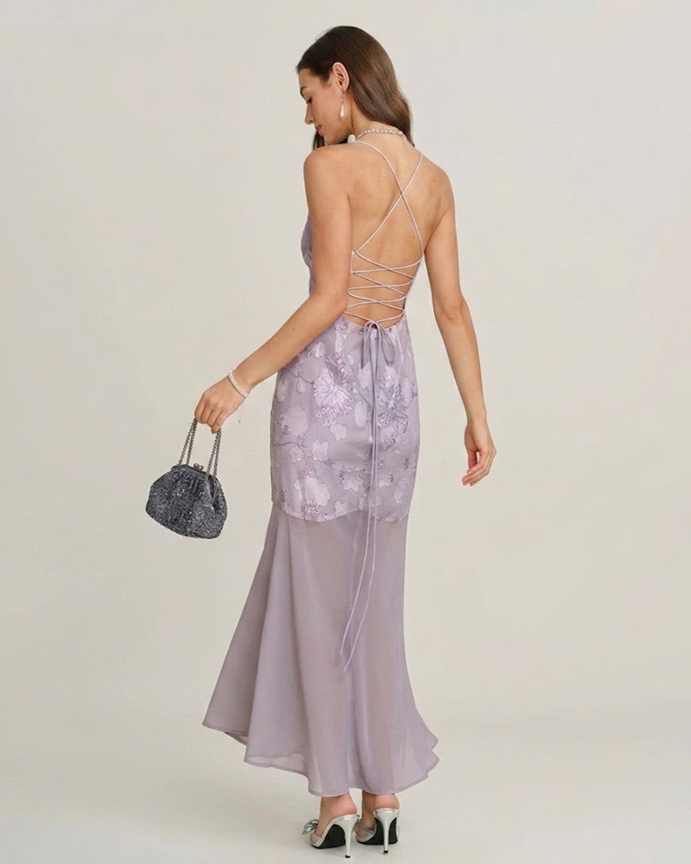 Mor Payetli Jakarlı Slip Maxi Elbise
