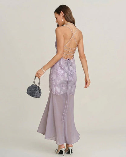 Mor Payetli Jakarlı Slip Maxi Elbise