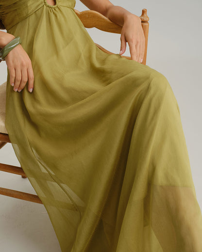 Yeşil Büzgülü Slip Maxi Elbise