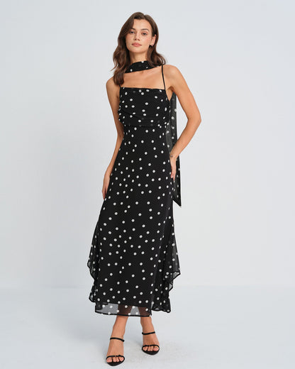 Siyah Puantiyeli Slip Maxi Elbise