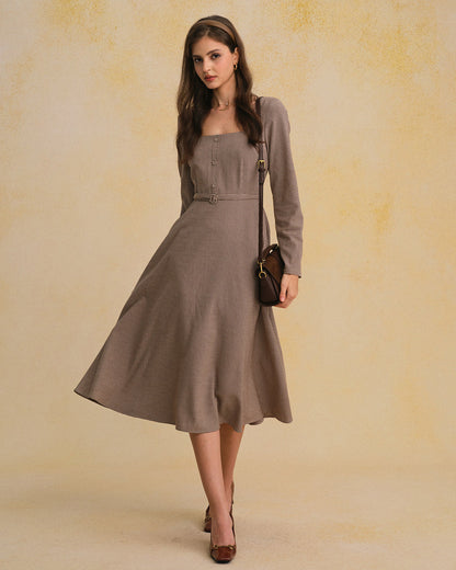 Kahverengi Gingham Kare Yaka Belted Maxi Elbise