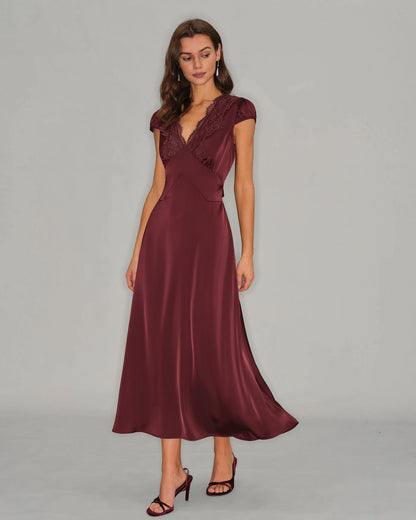 Bordo V Yaka Dantelli Maxi Elbise