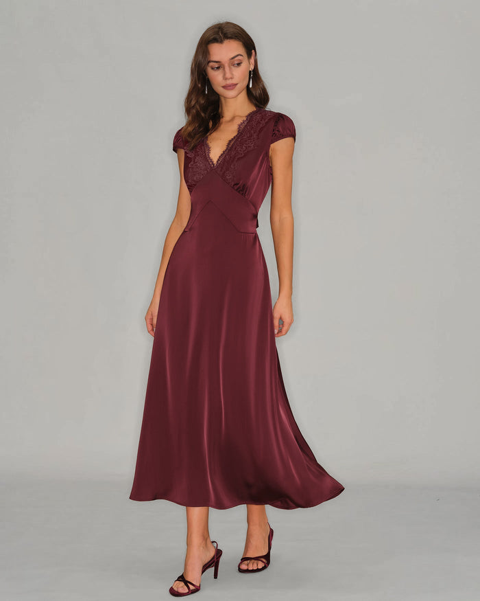 Bordo V Yaka Dantelli Maxi Elbise