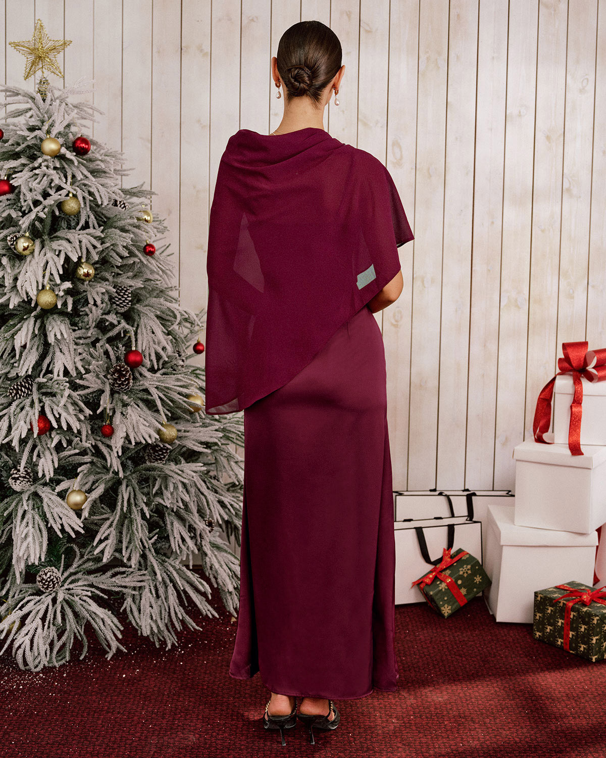 Bordo Shawl Maxi Elbise