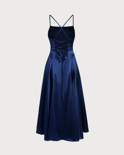 Lacivert Saten Slip Maxi Elbise